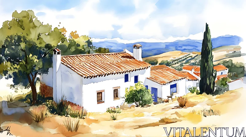 Serene Countryside House in Watercolor AI Image