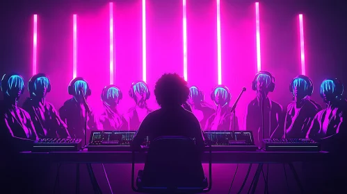 Cyberpunk Concert with Neon Helmets and Synthesizers