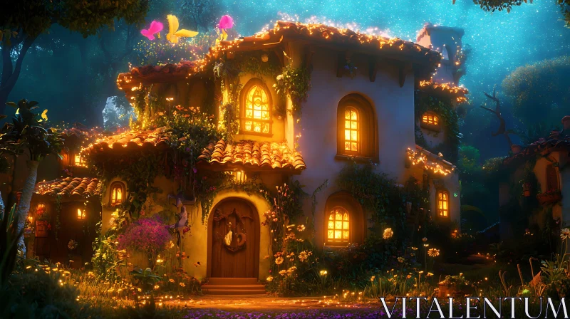 Enchanting Night Scene with Illuminated Cottage