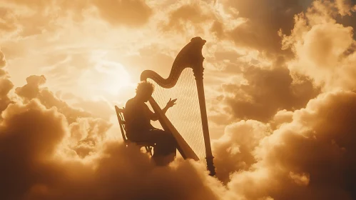 Ethereal Harpist Amidst Sunlit Clouds