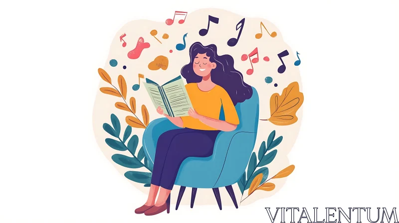 Woman Reading Book in Cozy Chair with Musical Notes - Illustration