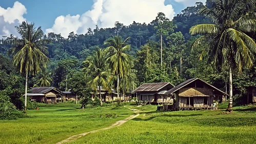 Peaceful Green Landscape with Village and Mountains