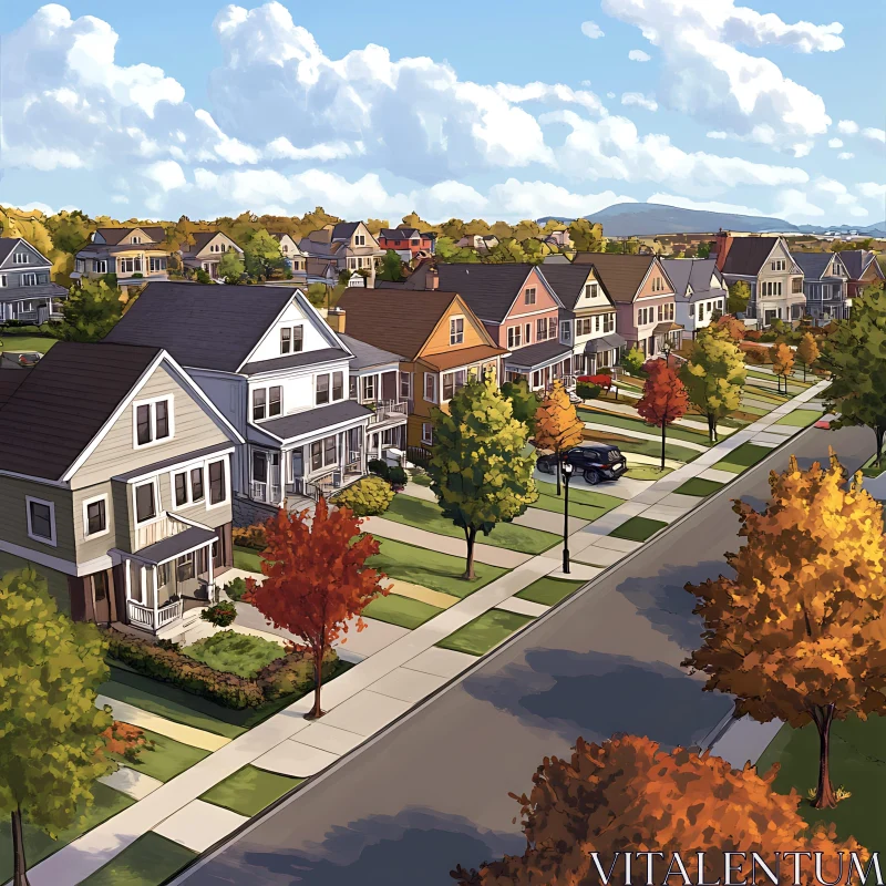 Charming Suburban Landscape with Fall Foliage