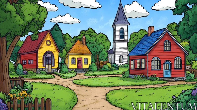 AI ART Charming Cartoon Village with Church and Colorful Homes