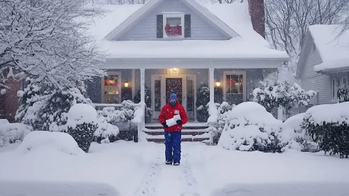 Winter Scene: Mail Delivery Amidst Heavy Snowfall