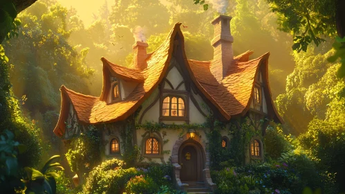 Whimsical Forest Cottage at Golden Hour