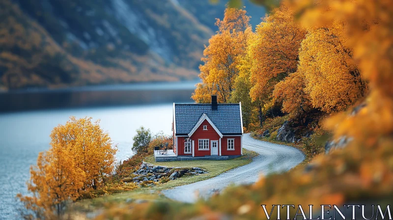 Quaint Red House by a Tranquil Lake in Fall AI Image