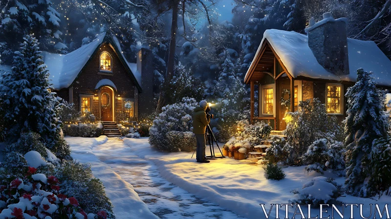 Snowy Night at Cozy Forest Cabins AI Image