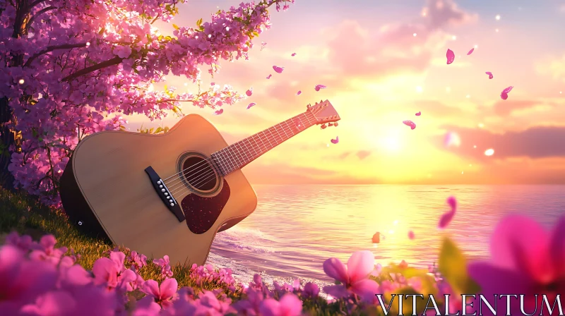 Guitar Amidst Cherry Blossoms at Sunset by the Sea AI Image