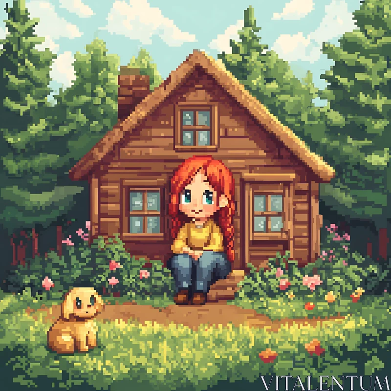 Charming Woodland Cabin with Girl and Puppy AI Image