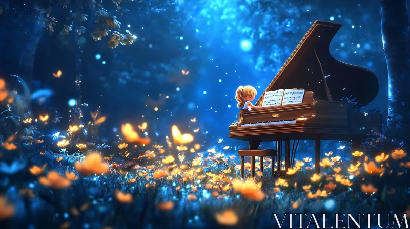 Girl Playing Piano in Enchanted Forest AI Image