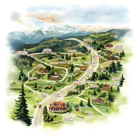 Alpine Village and Mountain Road Illustration