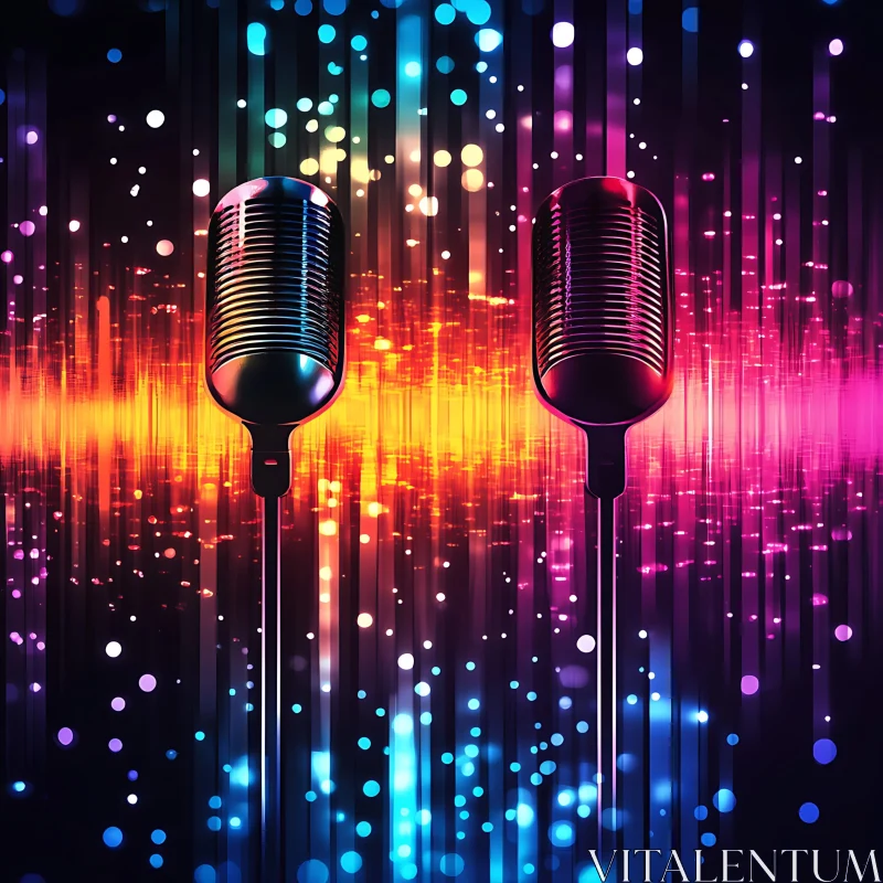 Retro Microphones with Vibrant Light Effects AI Image