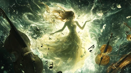 Ethereal Dance with Floating Musical Notes and Cellos