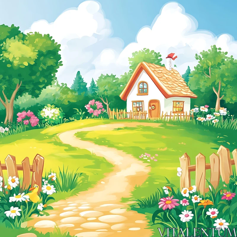 Idyllic Cottage Surrounded by Nature AI Image