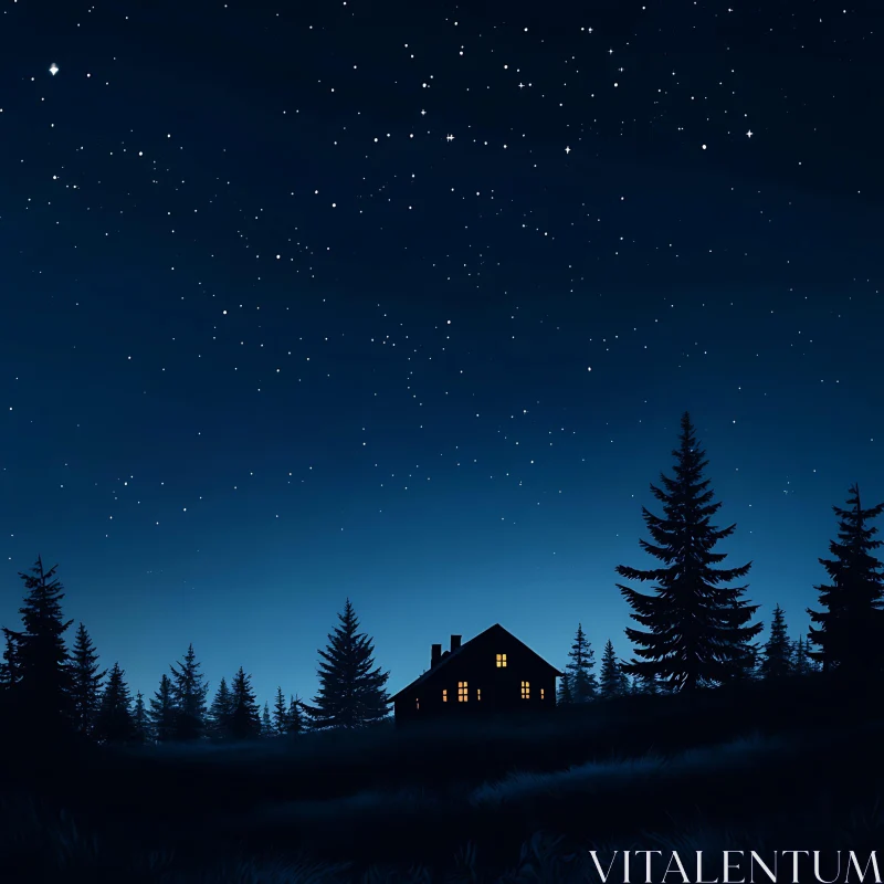 Serene Forest Night with Starry Sky and Lit House AI Image