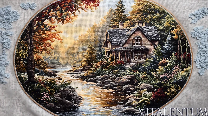 Embroidery of a Cozy River Cottage in Autumn AI Image