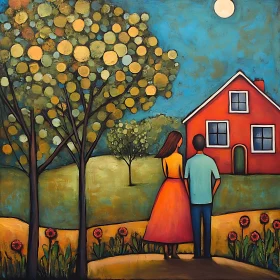 Night Landscape with Couple and Red House