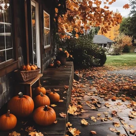 Cozy Fall Scene with Pumpkins and Leaves