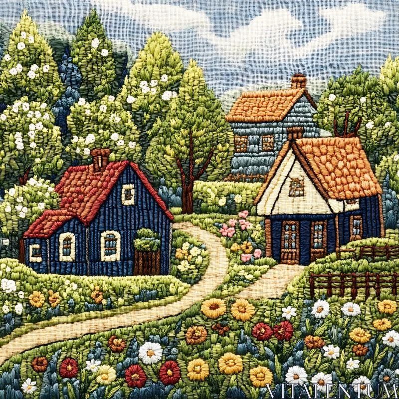 Picturesque Embroidered Cottage Scene with Floral Garden AI Image