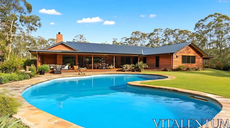 Wooden House with Pool and Serene Garden AI Image