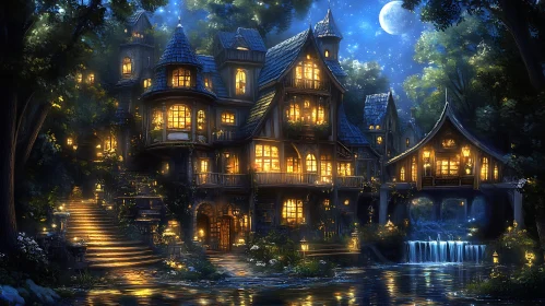 Whimsical Moonlit Village with Glowing Lights