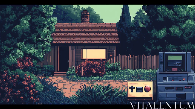 Rustic Cabin with Retro Electronics in Pixel Art AI Image