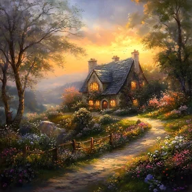 Enchanted Cottage in Glowing Garden at Dusk