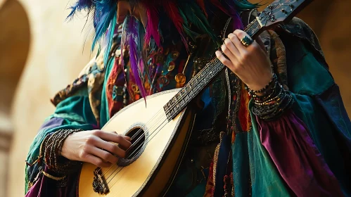 Detailed Close-Up of Musician with Lute and Colorful Attire