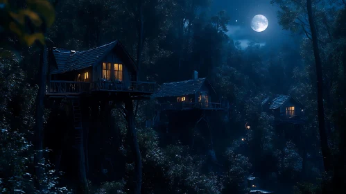 Moonlit Treehouses in a Tranquil Forest