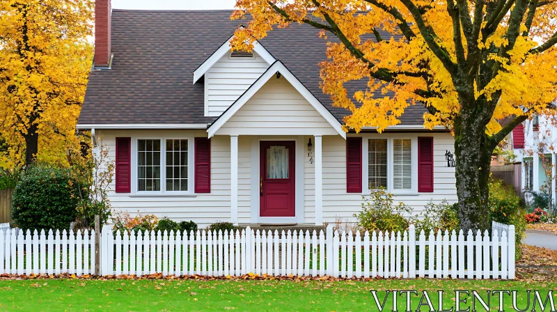 Picturesque White House with Red Accents in Autumn AI Image