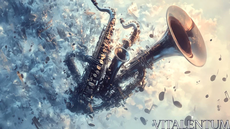 Surreal Saxophones and Musical Notes in Clouds AI Image