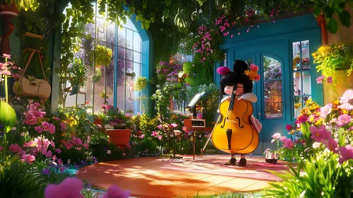 Sunlit Flower Garden with Cellist