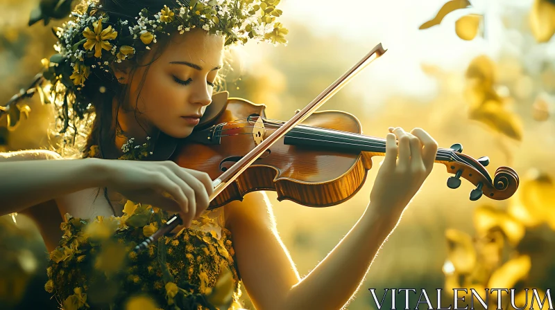 Serene Lady with Violin in Sunlit Nature AI Image