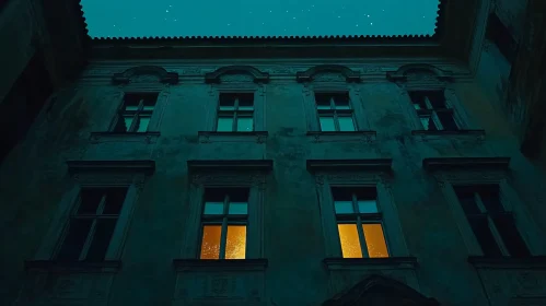 Eerie Old Building at Night with Light in Window