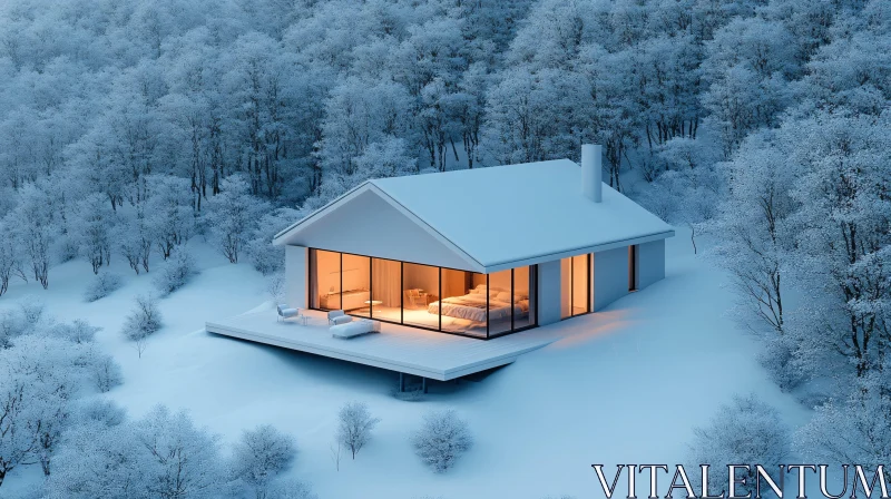 Winter Serenity: A Modern Cabin Amid Snow-Covered Trees AI Image