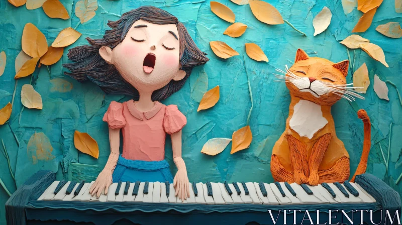 Whimsical Cartoon Duet with Girl and Cat AI Image