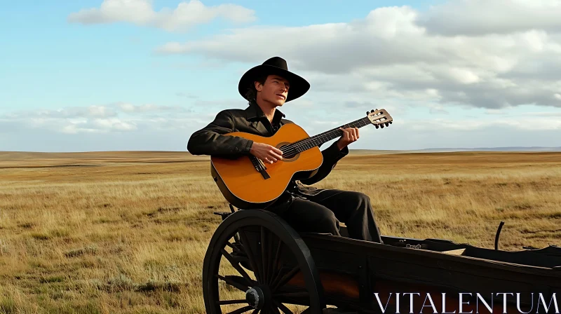 Man Playing Guitar on Wagon in Open Field AI Image