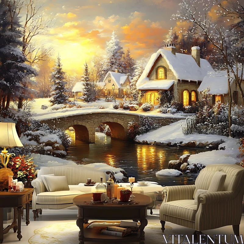 AI ART Quaint Winter Scene with Cottage and Snow