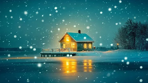 Illuminated Cabin in Snowy Night