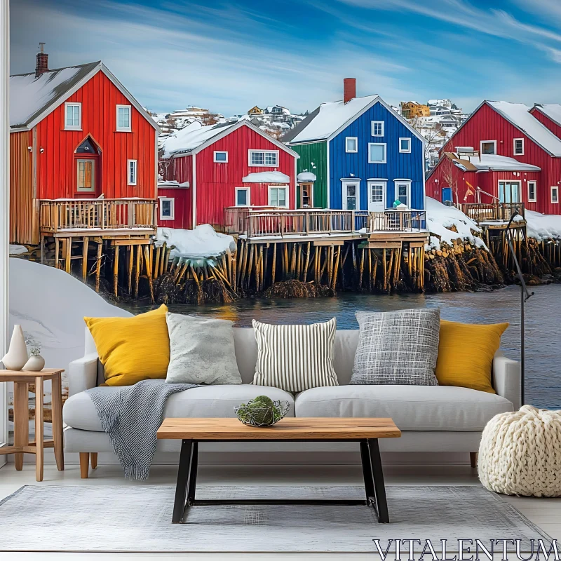 Colorful Waterfront Houses Mural in Cozy Living Room AI Image