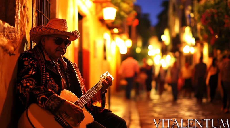 Nightlife Guitarist on Vibrant Cobblestone Path AI Image