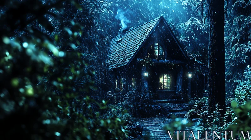 Ethereal Cabin in Rainy Woodland AI Image