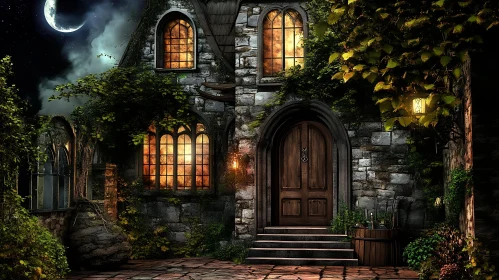 Gothic Stone House Bathed in Moonlight