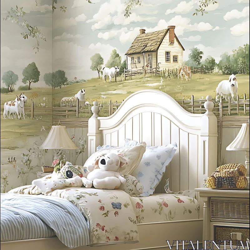 Rustic Farmhouse Bedroom Decor with Pastoral Wallpaper AI Image