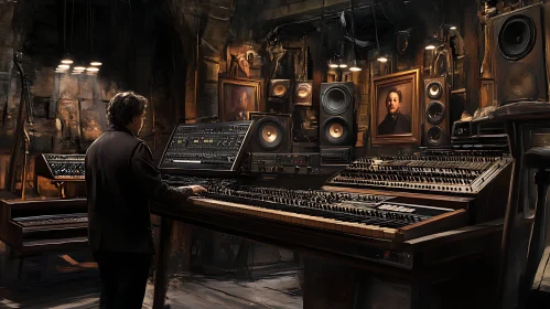 Vintage Synthesizer Studio with Man and Portraits