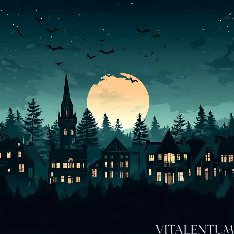 Haunting Village Silhouette Amidst Full Moon AI Image