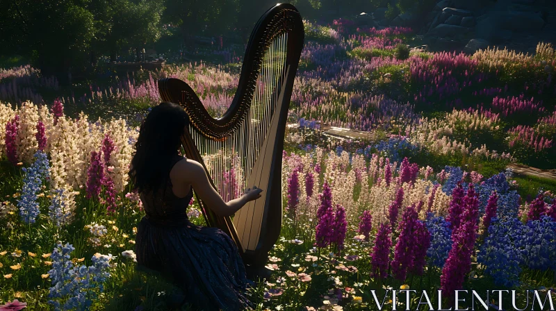 Serene Harpist in Blooming Meadow AI Image