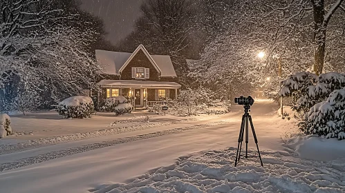 Winter Night Photography with Snow and Warm Cottage