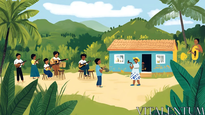 Children's Musical Performance in a Scenic Village AI Image